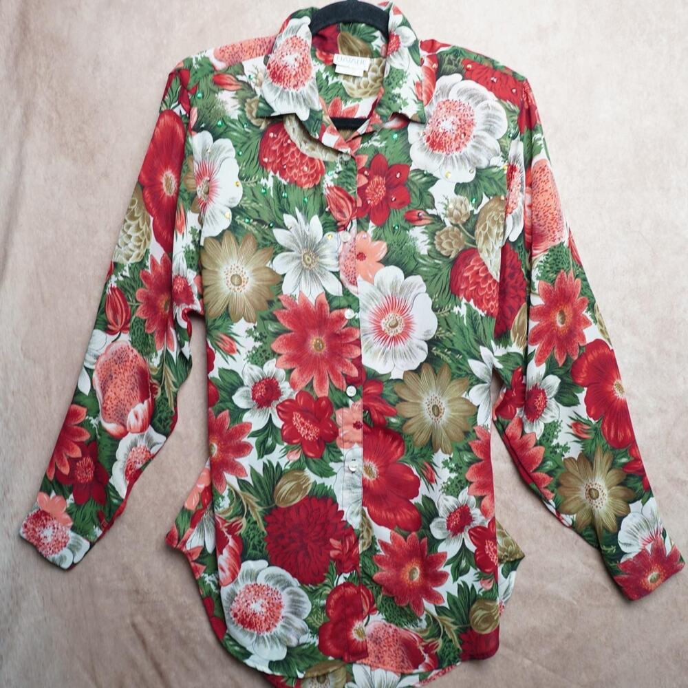 Natalie Floral Rhinestone Blouse Vintage 90s L
